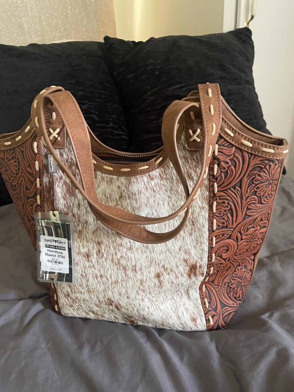Brown Tooled Leather & Cowhide Tote Bag with Studded Trim